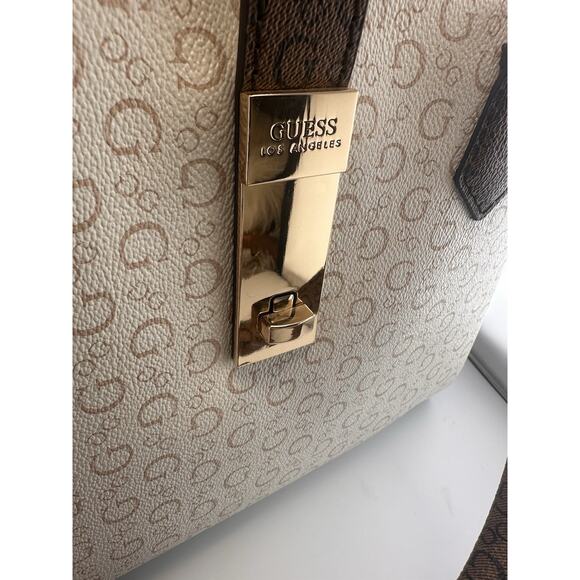 New W Tags: Guess White and Brown Multi Rodez Satchel Bag - Picture 10 of 10